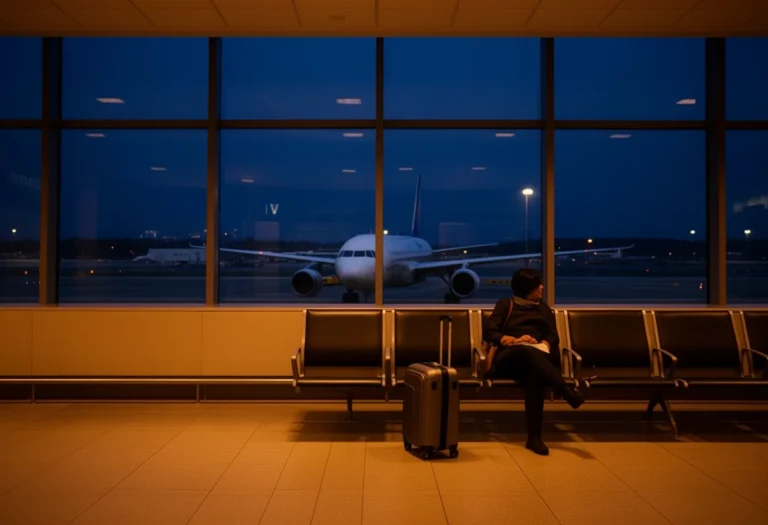 Traveller waiting alone at a quiet airport gate at dusk with a suitcase, aircraft visible through the window