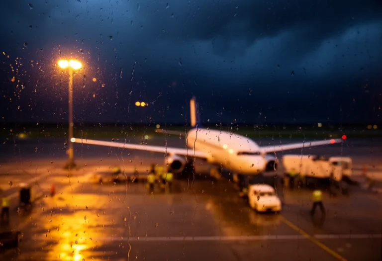 Rain running down an airport window with a blurred aircraft and ground crew on the apron beyond during a storm.
