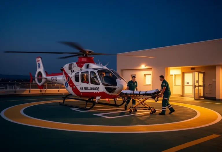 Air ambulance helicopter on a hospital rooftop pad at dusk as crew move a stretcher