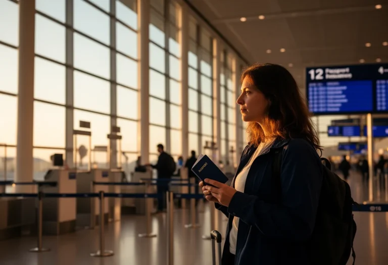 Traveler holding a passport at a European airport border control hall