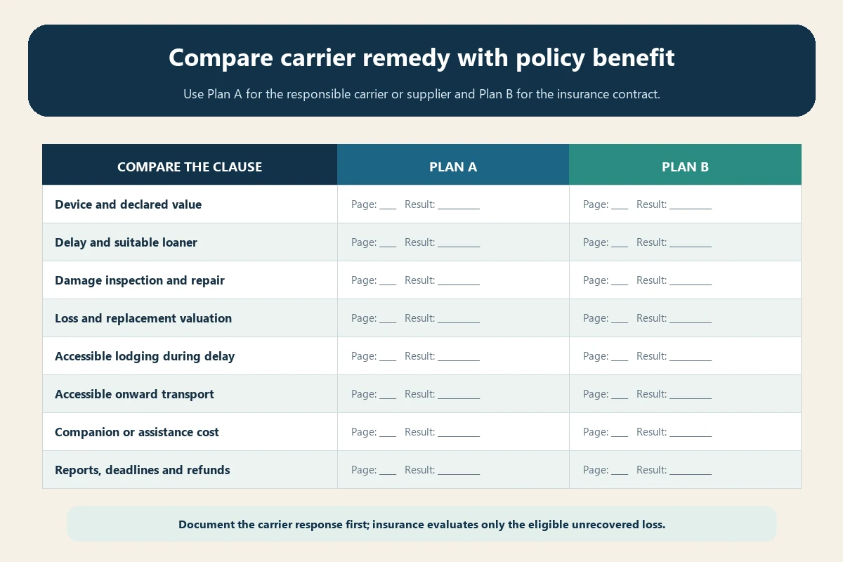 Worksheet comparing carrier remedies and travel insurance benefits for mobility equipment