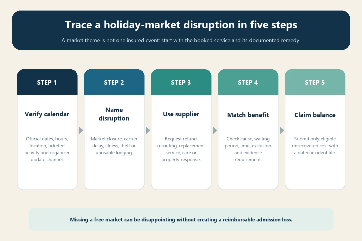 Five-step insurance decision path for a disrupted European holiday market trip