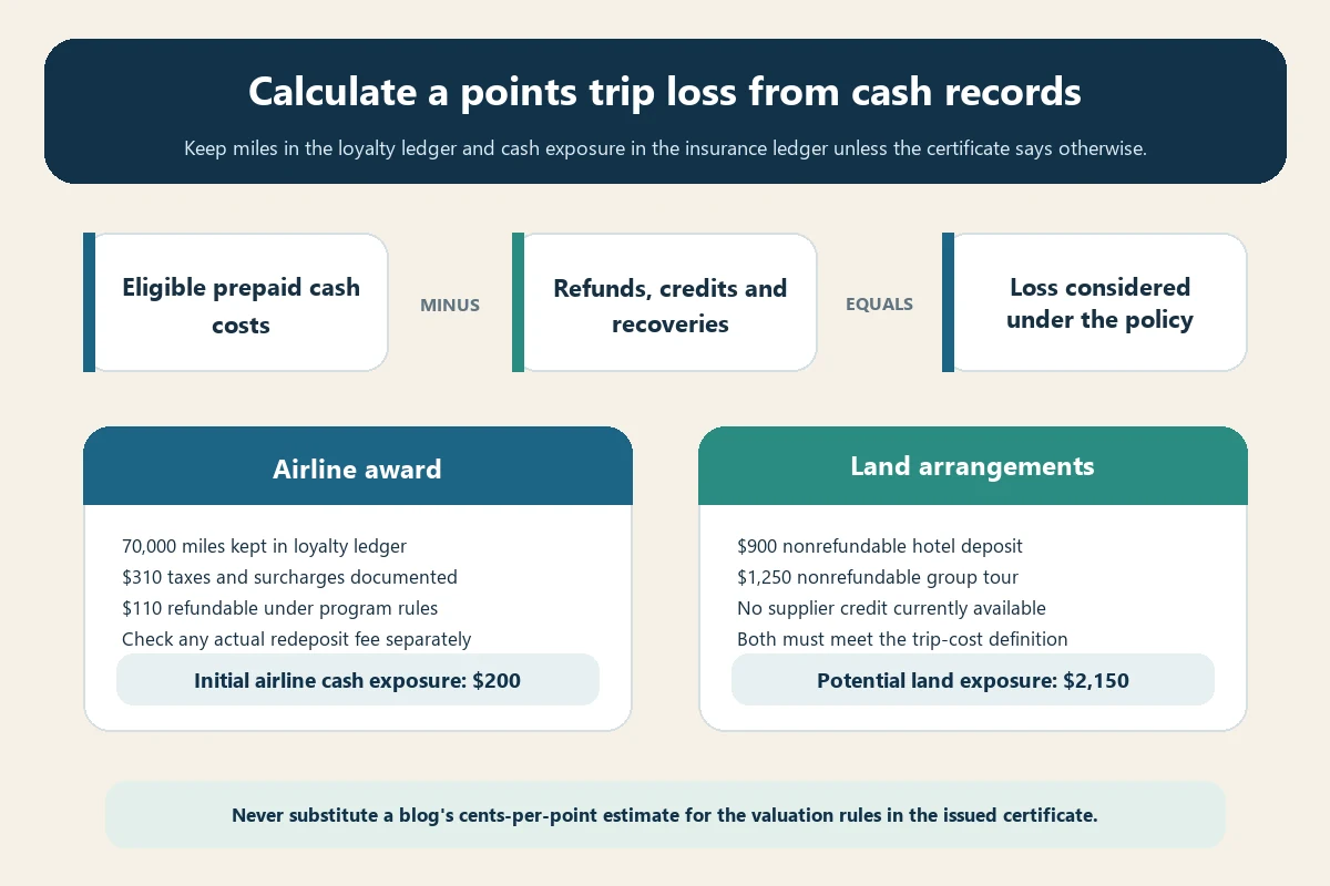 Calculation showing eligible cash costs minus refunds and credits for a points-booked Europe trip