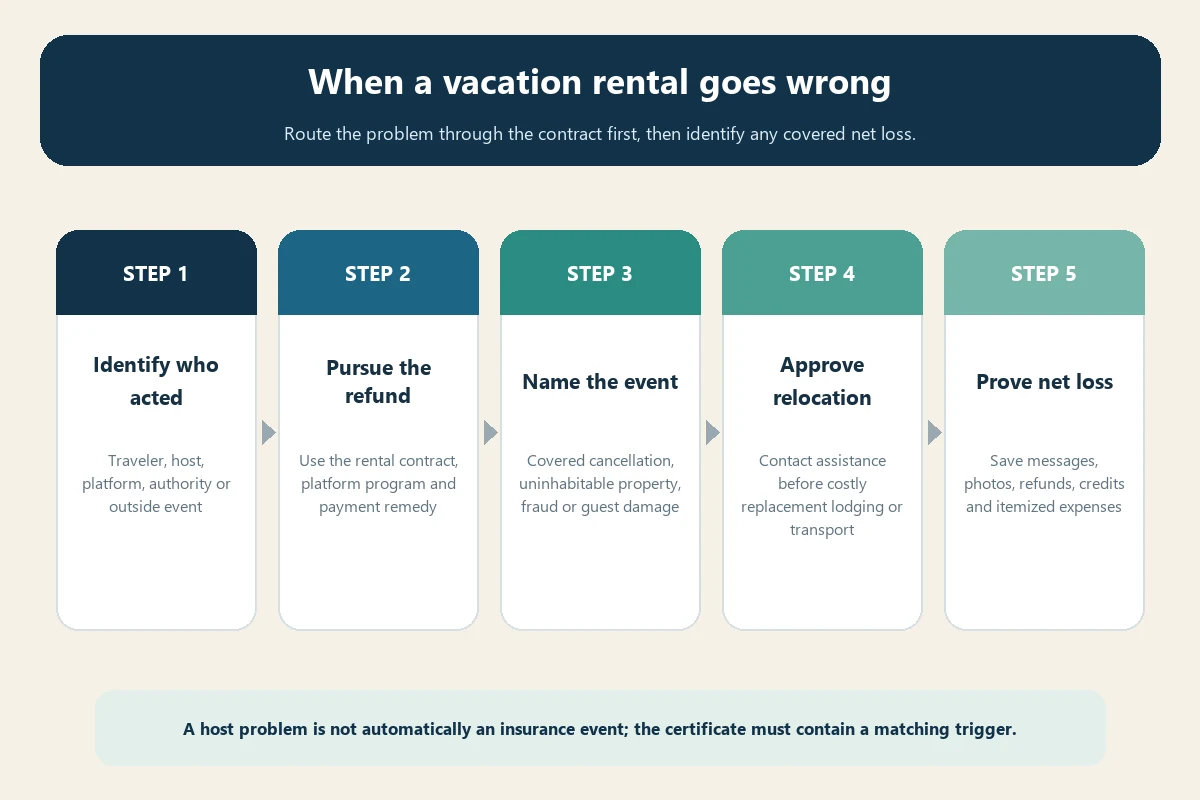 Five-step decision path after a European vacation-rental problem