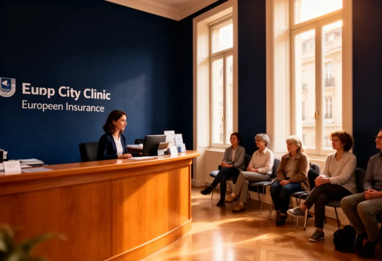 Reception desk of a European city clinic with staff and waiting patients in morning light