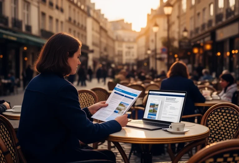 Traveller comparing travel insurance documents at a European cafe table