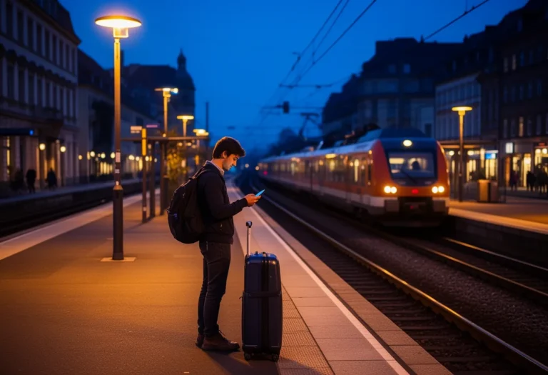 Traveler with a suitcase on a European railway platform at dusk