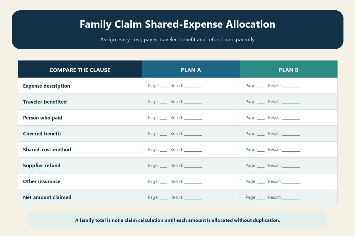 Family travel claim allocation table for travelers, shared costs, payers, benefits, and refunds
