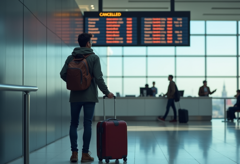 A traveler at an airport check-in counter looking at a canceled flight departure board, suitcase beside them, soft natural light, realistic photography style, no text overlays