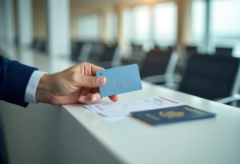A traveler's hand holding a credit card next to a boarding pass and passport on an airport counter.