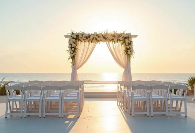 A beach wedding setup with white chairs and floral arch overlooking the ocean at sunset, no people visible.
