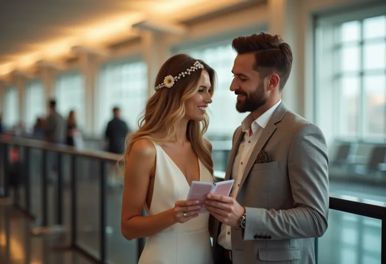 A newlywed couple checking travel documents and boarding passes together at an airport departure gate before their honeymoon flight.