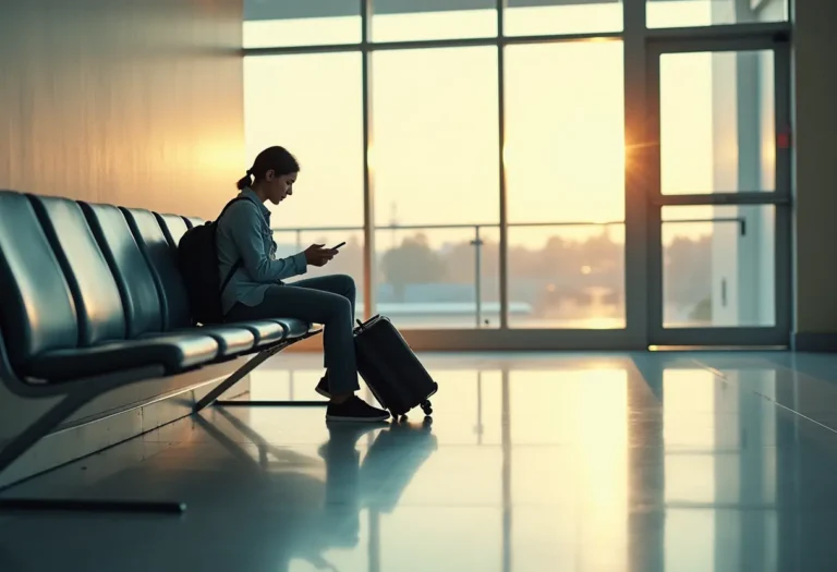 A single traveler with a backpack sitting alone at an airport gate, checking a phone.