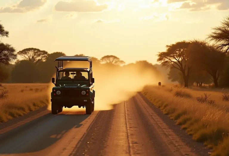A safari jeep on a dirt road in a South African game reserve at golden hour with acacia trees in the background, realistic photo style