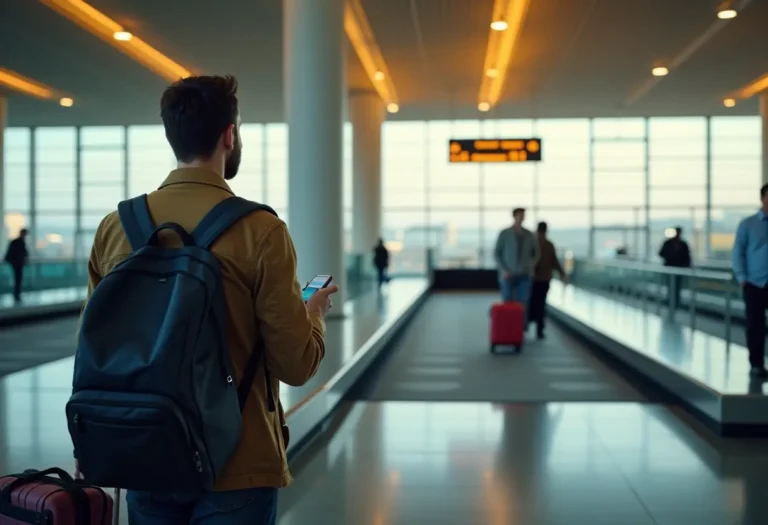 A traveler at an airport baggage claim area looking concerned at an empty luggage carousel, suitcase and travel documents nearby.