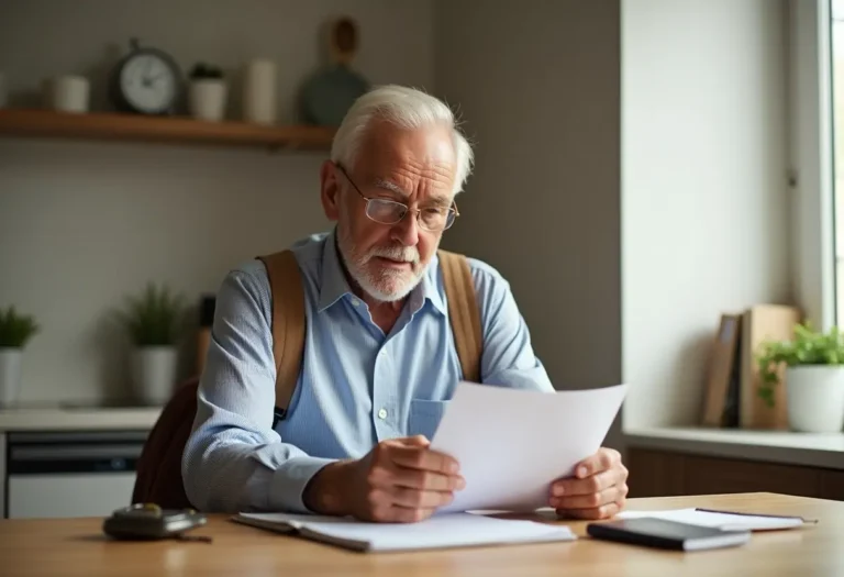 A calm older traveler reviewing a travel insurance policy document at a kitchen table, with a pill organizer and passport nearby.