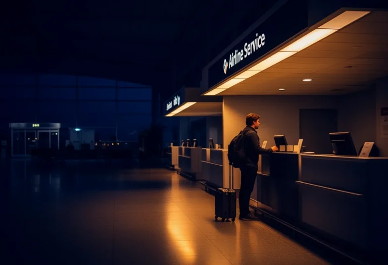 Traveler with a suitcase waiting alone at an airline service counter in a quiet terminal at night