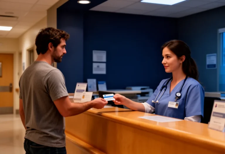 Traveler handing an insurance card to a hospital receptionist at night