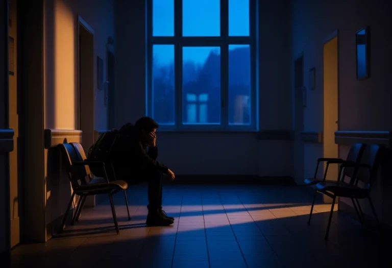 A traveler with a backpack waiting alone on a bench in a quiet hospital corridor at dusk