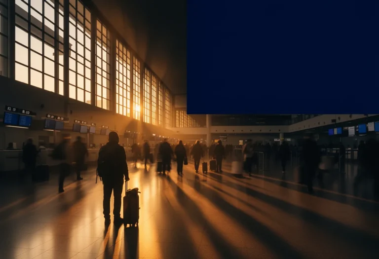 Traveler with a rolling suitcase pausing in a sunlit airport ticketing hall in early morning light.