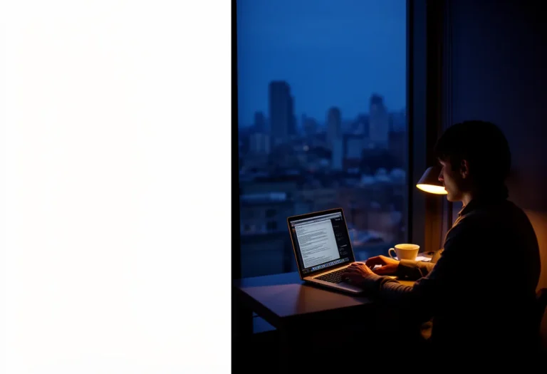 Traveller at a hotel desk by a window at dusk with a laptop turned away and a cup of coffee.