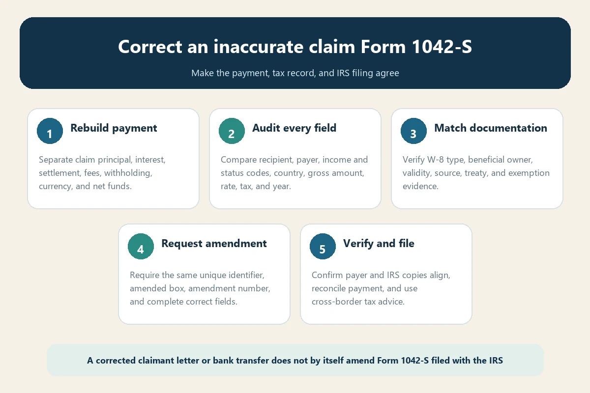 Incorrect travel claim Form 1042-S correction flow for payment recipient codes amounts withholding identifier and amendment