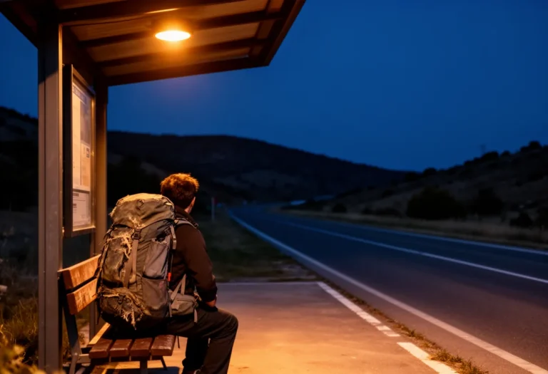 A backpacker waiting alone with a large rucksack on a bench at a rural bus shelter at dusk