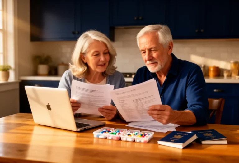 Older couple at a kitchen table comparing travel documents on a laptop in morning light