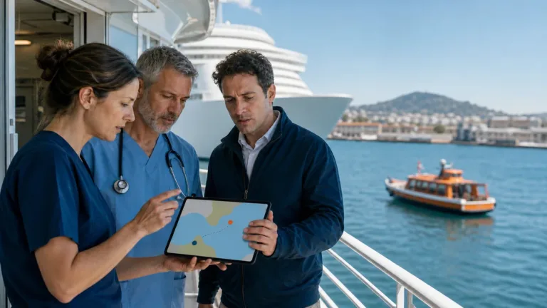 Cruise medical team coordinating a text-free ship-to-hospital evacuation route