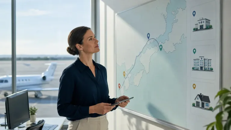Medical transport coordinator mapping hospital destinations for an international traveler