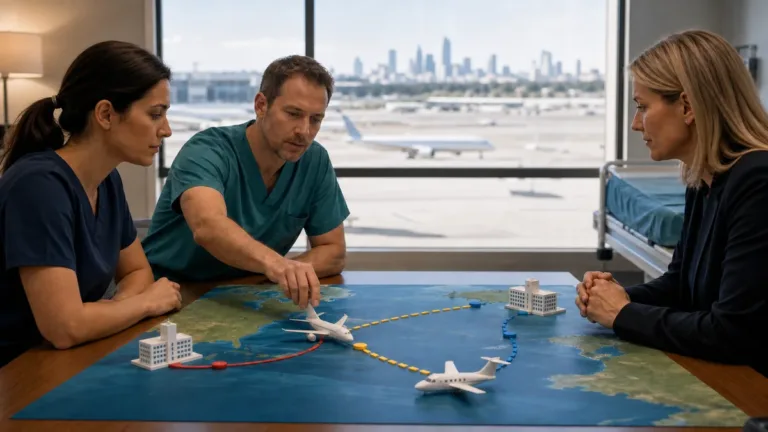 Medical team coordinating an unlabeled international route from a foreign hospital toward home