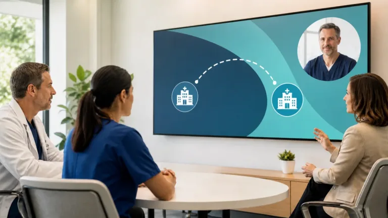 Hospital teams coordinating an international patient transfer with a text-free route display