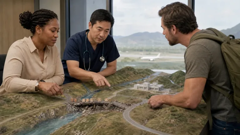 Travel assistance planners mapping separate medical and disaster evacuation routes on an unbranded terrain model