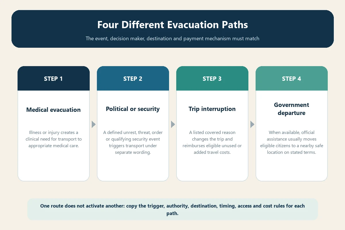 Four-path medical political and government evacuation comparison