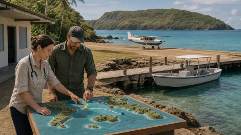 Island transport coordinator mapping boat aircraft and hospital evacuation stages