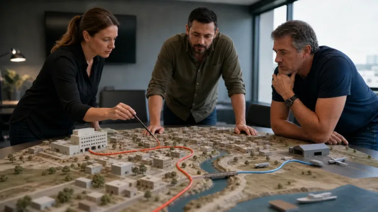 Travel risk and medical assistance planners comparing separate treatment and security routes on an unbranded map