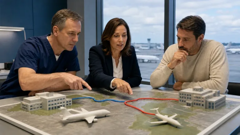 Medical transport coordinator and clinician comparing two unbranded hospital models on an international route map