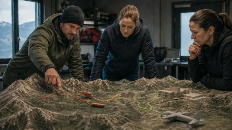 Remote-response planner comparing an unbranded field rescue route with a hospital transfer route on a terrain model