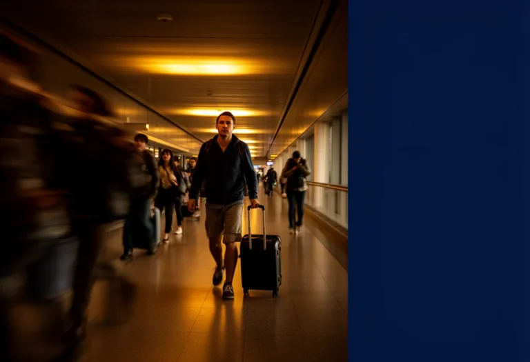 Passenger with a rolling suitcase hurrying along a long airport connector corridor as other travellers blur past.