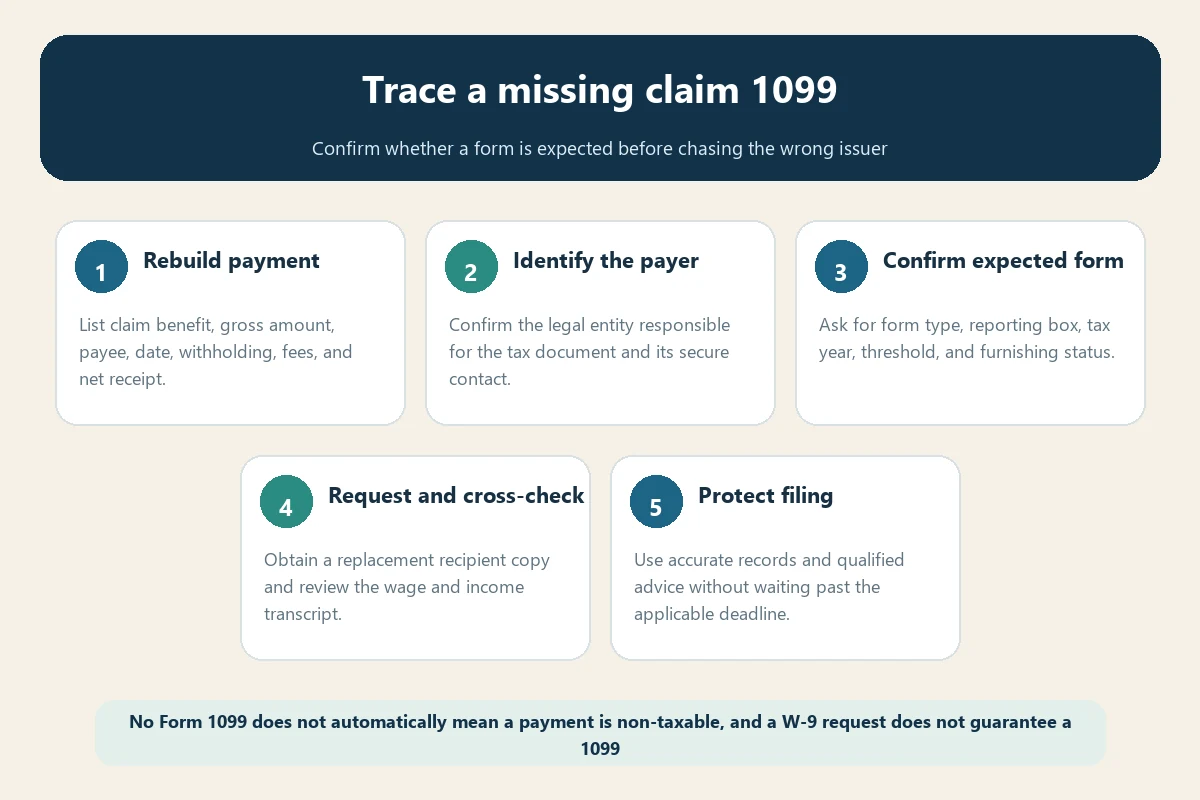Missing travel insurance claim 1099 review flow for payment payer form delivery transcript and filing