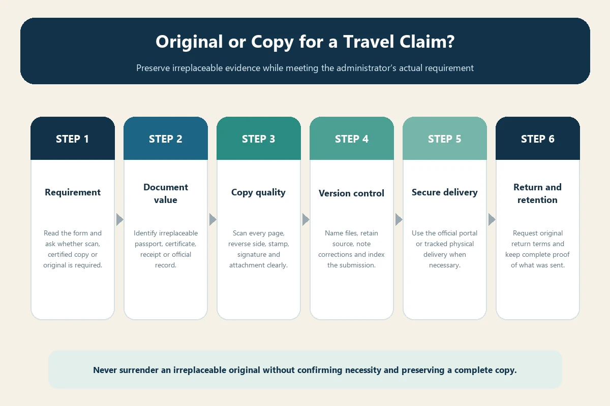 Original versus copy decision guide for travel insurance claim documents