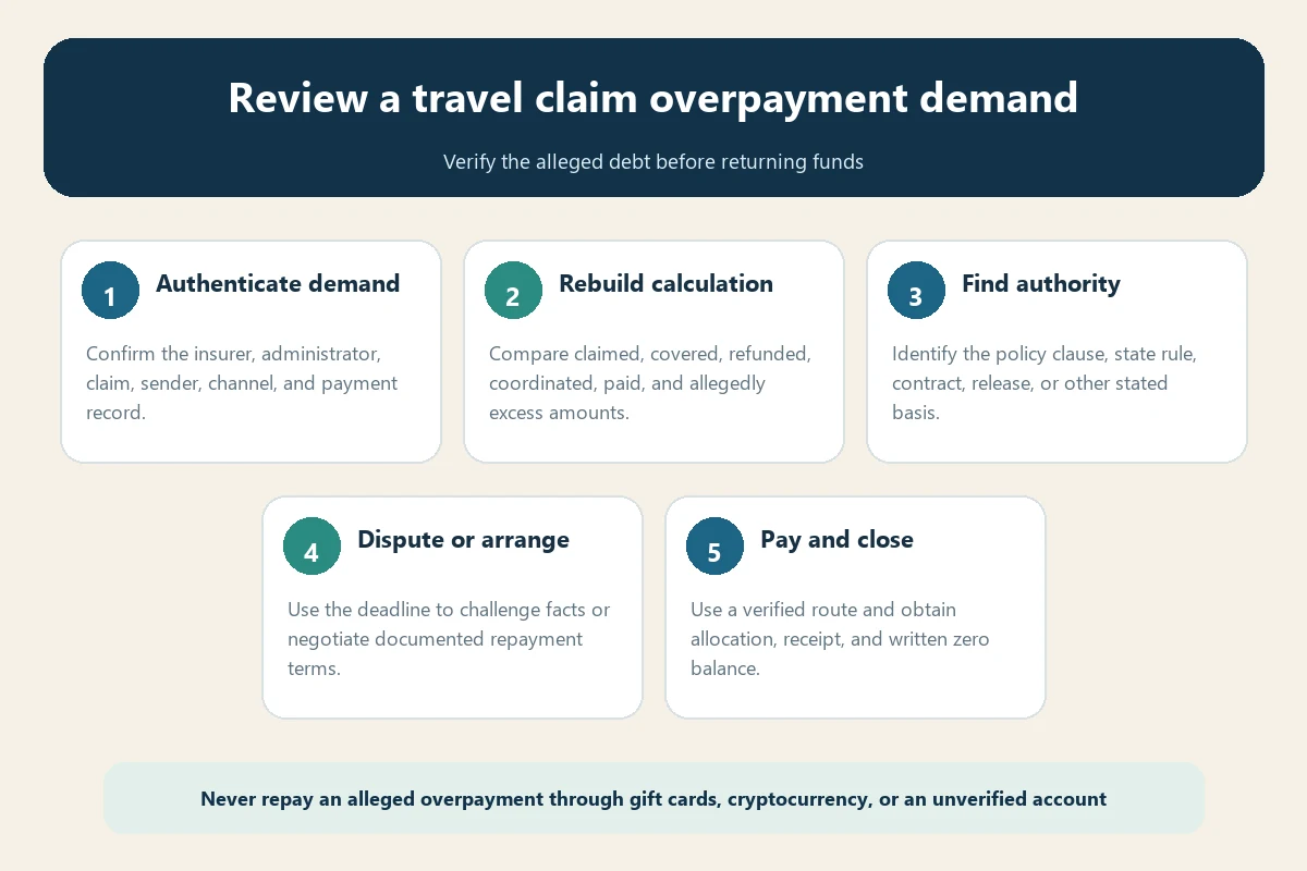 Travel claim overpayment review flow for verification calculation dispute repayment and closure