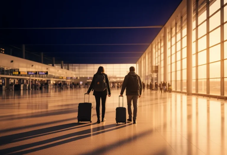 Two travellers with rolling luggage crossing a sunlit airport concourse early in the morning, wide empty floor ahead.