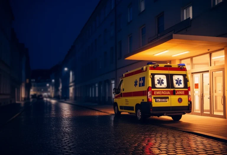 Ambulance parked outside a hospital emergency entrance at night on a wet European city street.