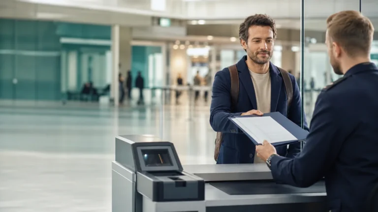 Traveler presenting a blank document folder at a European airport border desk