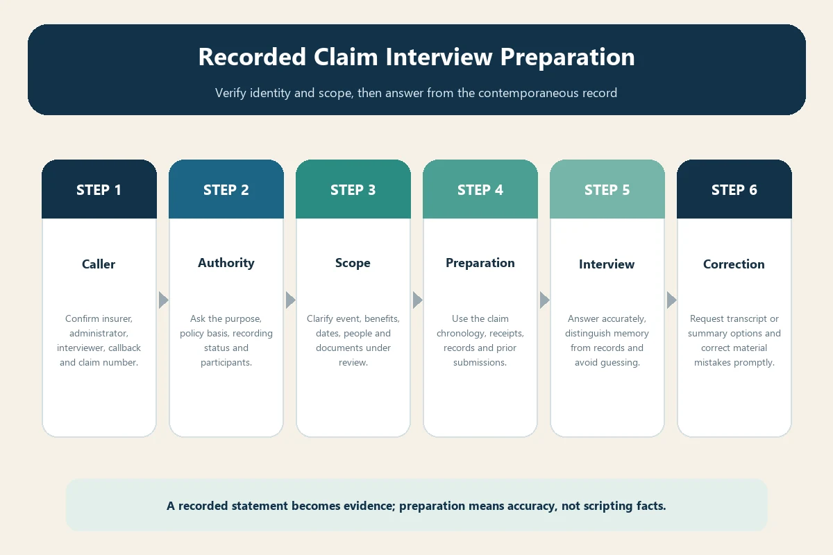 Recorded travel claim interview checklist for identity, scope, timeline, documents, and corrections