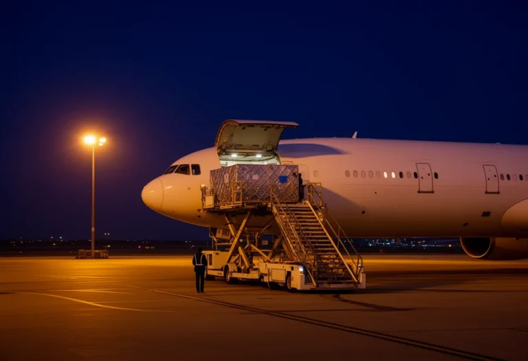 Ground crew loading cargo into the hold of an aircraft on a quiet airport apron at dawn