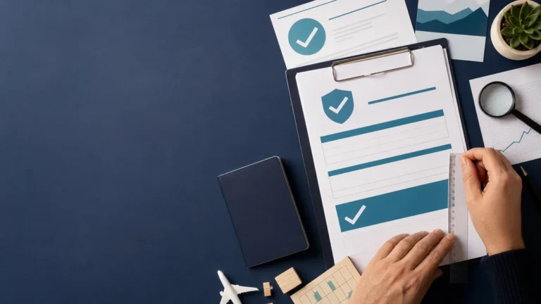 Traveler reviewing blank Schengen insurance pages with a ruler and magnifying glass