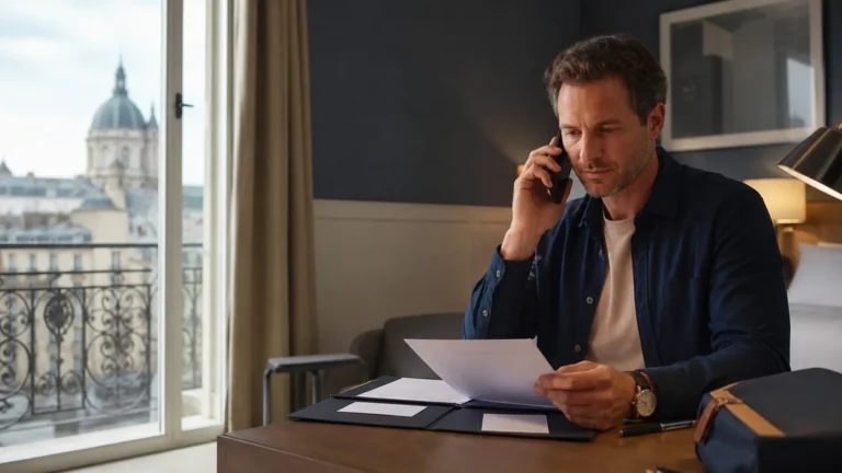 Traveler calling insurance assistance while organizing blank medical and policy documents