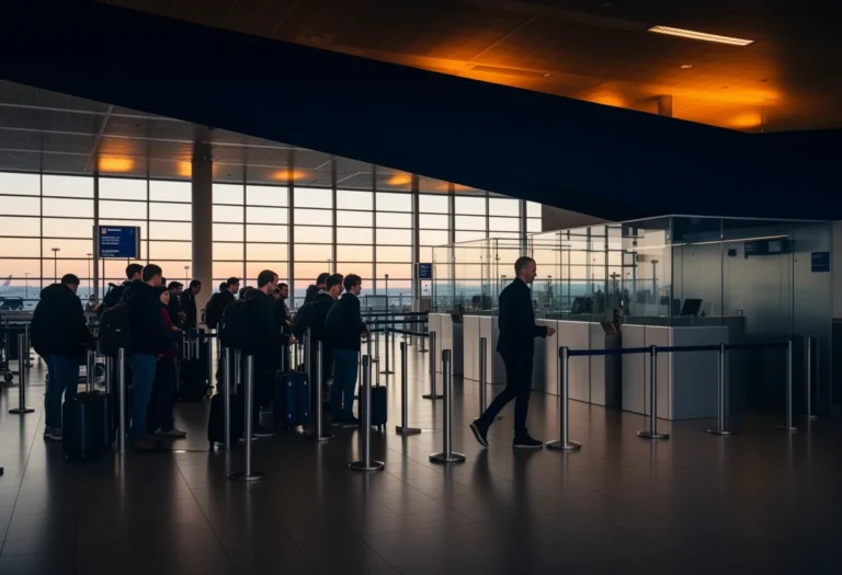 Travelers queuing with luggage at a European airport border control hall in early morning light